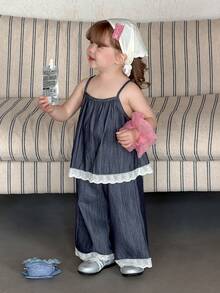 DAZY 2pcs/Set Toddler Girls' Washed Korean Style Lace Camisole & Loose Casual Jeans Pants - Blue - View 9