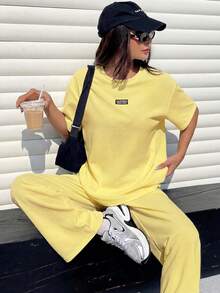 Muchica Mustard Textured Casual Loose T-Shirt And Pants Set For Women - Pale Yellow - View 6