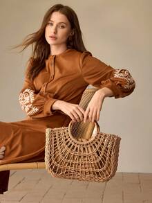 MOTF PREMIUM WOMEN'S FASHION HOLIDAY STRAW HOLLOW PORTABLE TOTE BAG, SUITABLE FOR VACATION TRAVEL - Camel - View 8