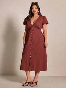 Elaquor 大码纯色收腰深V领纽扣装饰连衣裙 - 棕色 - 查看 4