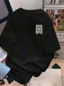 Manfinity Dauomo 休闲时尚男士落肩短袖圆领T恤，夏季 - 黑色 - 查看 3