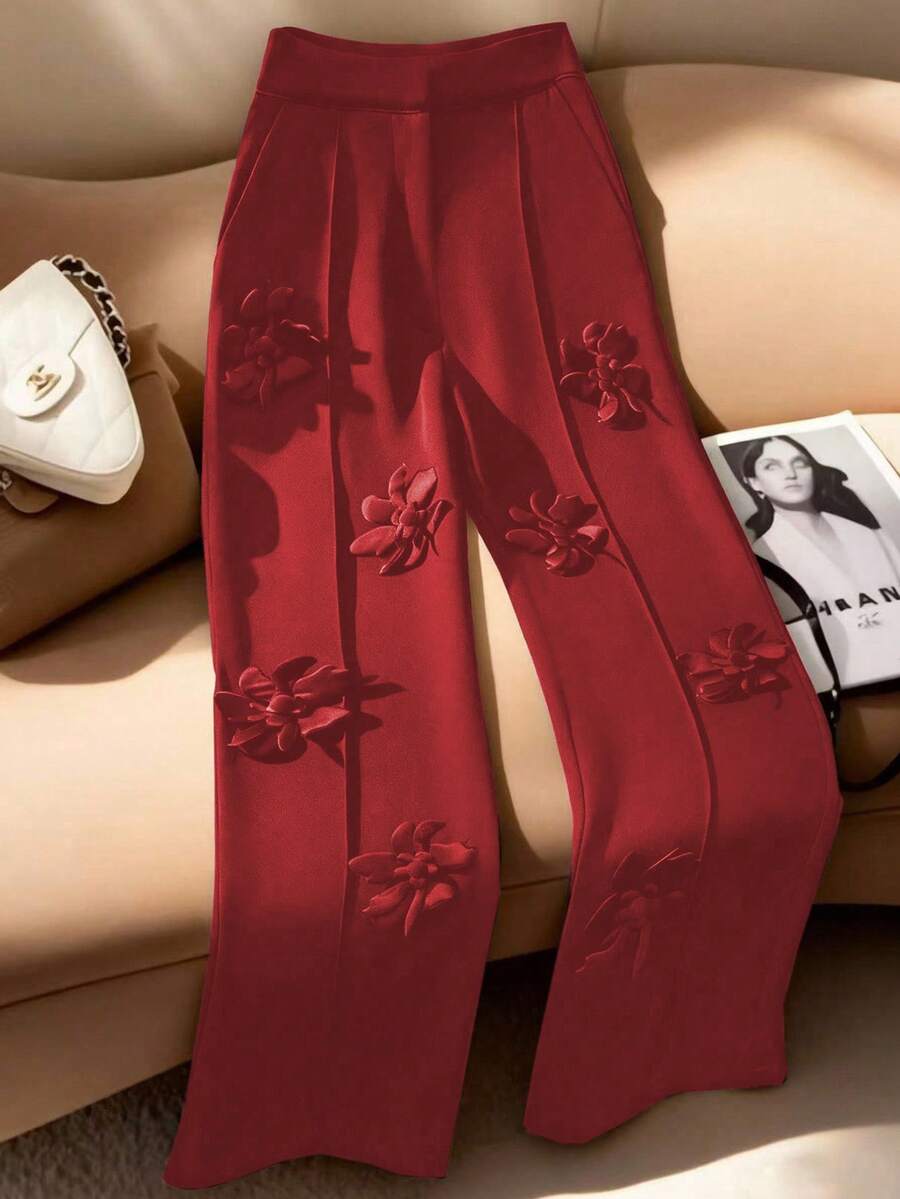 GlowEve 女士优雅通勤纯色长裤，饰有3D立体花卉图案 - 紅色 - 查看 1