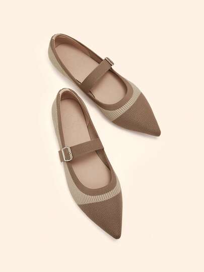 CUCCOO BASICS Pointed Toe Knit Apricot Color One-Strap Buckle Comfortable Breathable Daily Commute Versatile Flat Mary Jane Shoes For Women