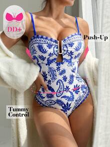 Swim DD+ 新款蓝色金属光泽印花性感时尚女士连体泳衣 - 藍色 - 查看 1