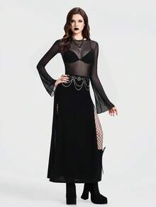 Breakform Gothic Punk Black Lace Sexy Elegant  Music Festival  Cool Girl   Minimalist Gothic Women's Gothic Style Sexy Semi-Sheer Mesh Round Neck Flare Sleeve Fitted T-Shirt - Black - View 3