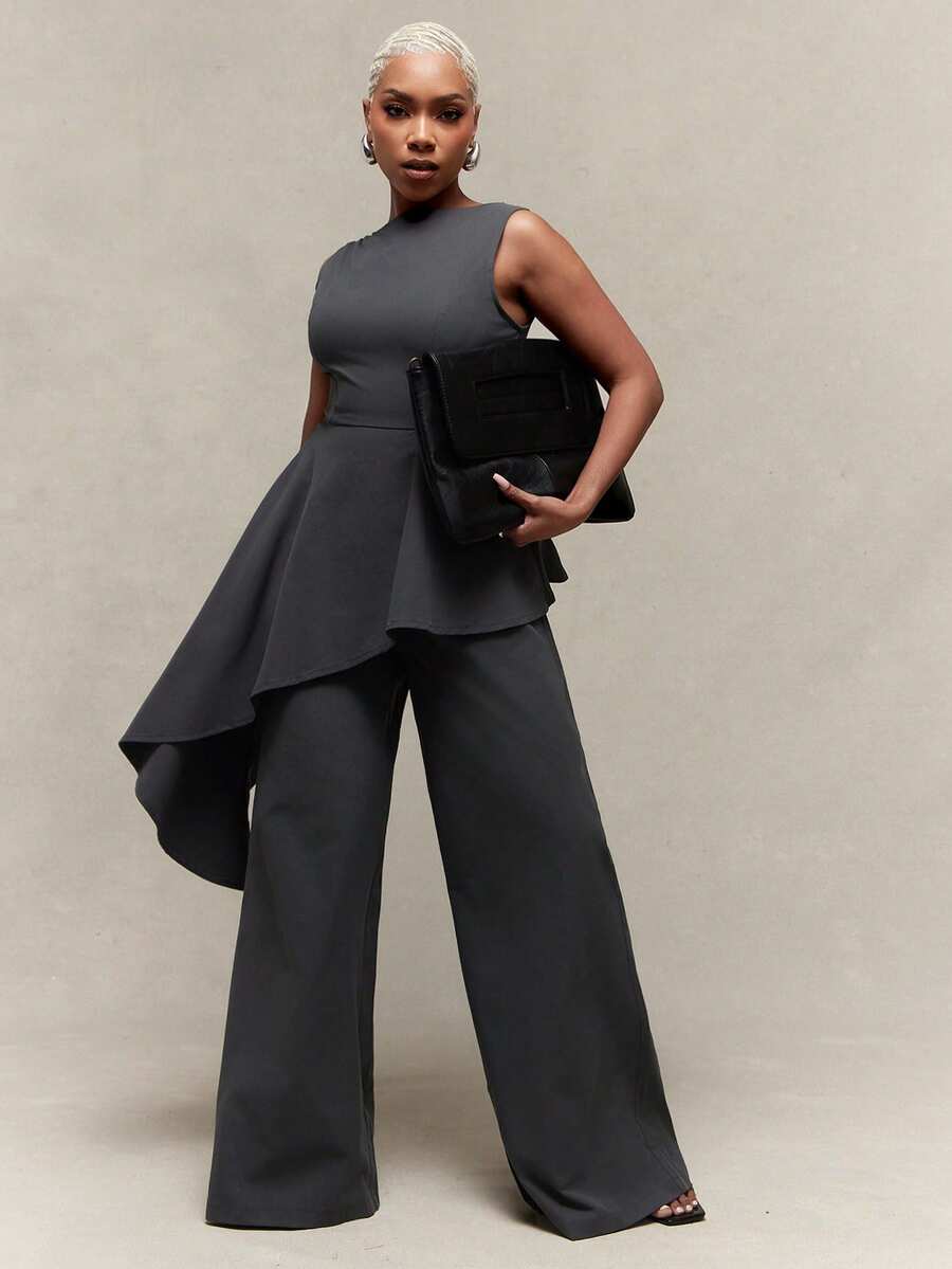 Vixey Solid Charcoal Draped Asymmetrical Open Back Wide Leg Jumpsuit - Dark Grey - View 1