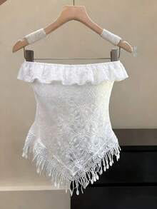 Elenzga 新款性感蕾丝荷叶边露肩吊带背心（双面可穿）女士流苏马甲，带衬里，适合春夏穿着 - 白色 - 查看 4