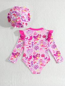 Baby Girl Mermaid Print Patchwork Ruffle Zipper Front One-Piece Swimsuit - Hot Pink - View 2