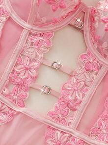 1件装女士性感花卉刺绣网纱连体衣 - 粉色 - 查看 4