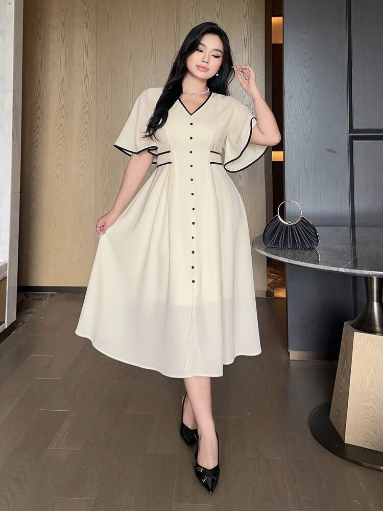 Dazy Plus Plus Size Color Block Trim V-Neck Short Sleeve Belted Front Button Decor Elegant Dress Maxi Dress Sundress
