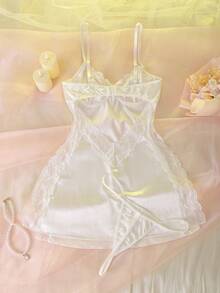 DelicateAllure 2pcs Sexy Contrast Lace Backless Slip Dress With High Slit, Alluring - White - View 2