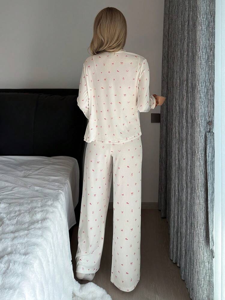 3pcs/Set Sweet Ditsy Floral Full Graphic Cardigan, Camisole And Pants Women Pajama Set