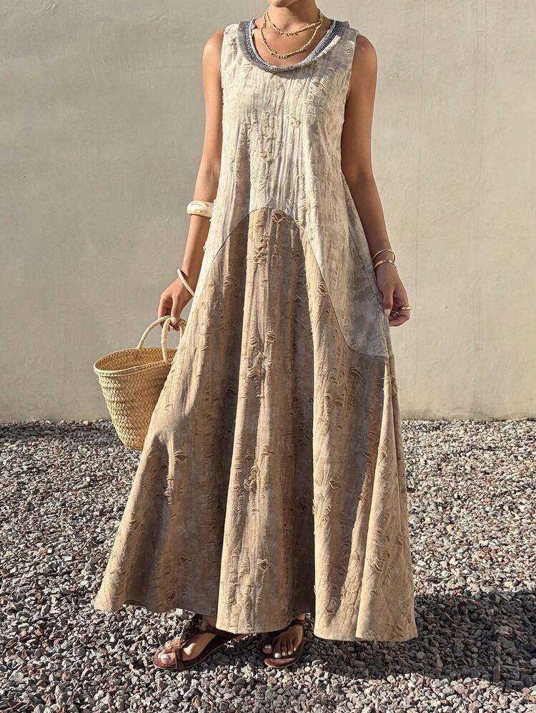 Textured Fabric Sleeveless Round Neck Mid-Length Dress For Women, Summer Holiday Sundress