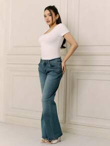 Criza Taa Fitted Lace Trim Square Neck Short Sleeve Women T-Shirt - White - View 3