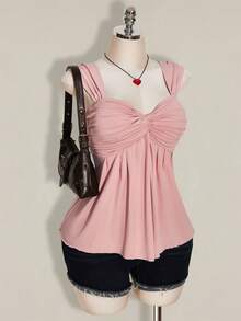 SHEIN ICON Plus Size Women's Black Twist Front Sleeveless Babydoll Knit Top, Y2K Style, Suitable For Graduation, Back To School, Summer, Going Out Tops - Pink - View 6