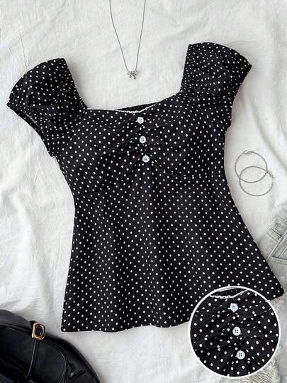 SHEIN Tween Girls' Polka Dot Print Fitted Casual Comfortable Short Sleeve Shirt, Summer