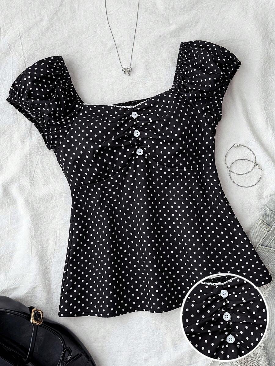 SHEIN Áo thun ngắn tay dáng ôm thoải mái, in chấm bi cho bé gái tuổi teen, thích hợp mặc mùa hè. - Đen và trắng - Xem 1