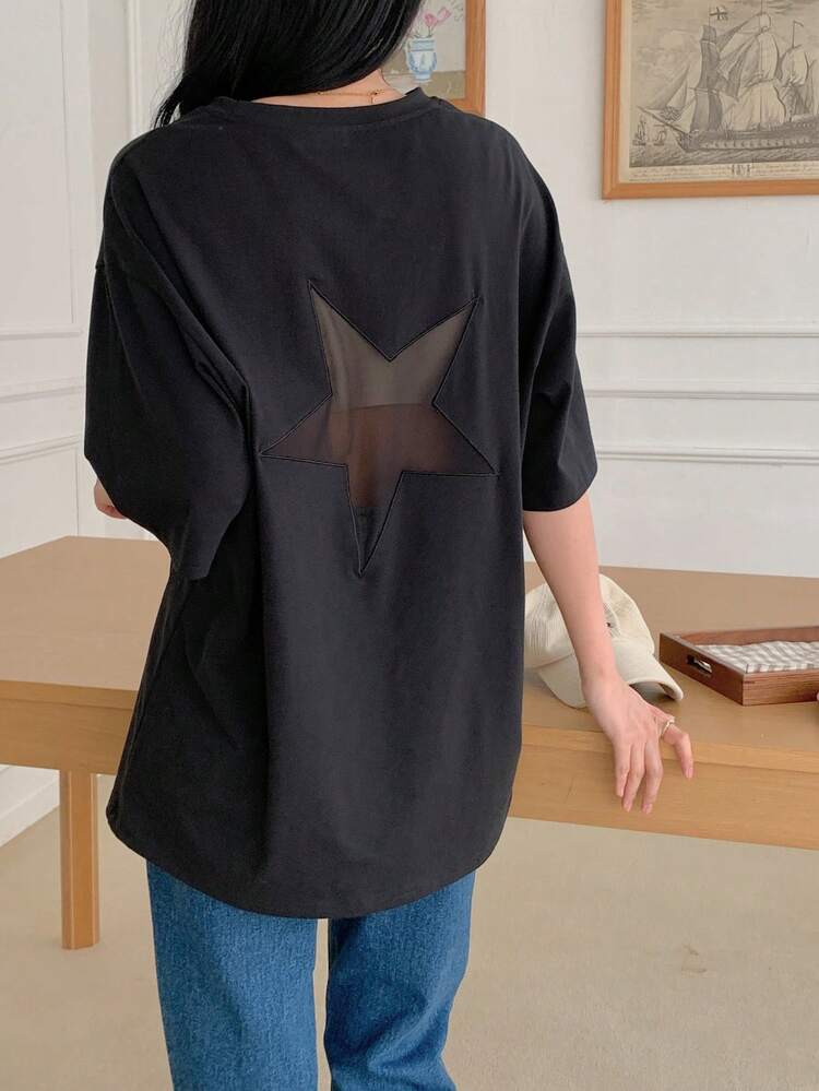 Women's Round Neck Hollow Star Back Loose Cropped Casual Street T-Shirt Oversized Graphic Tees Women