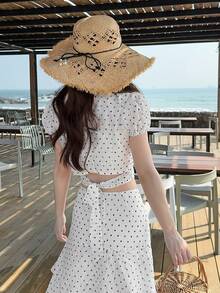 DAZY Women's Polka Dot Short Sleeve Blouse And Long Cake Skirt Casual 2 Pieces Set - White - View 4