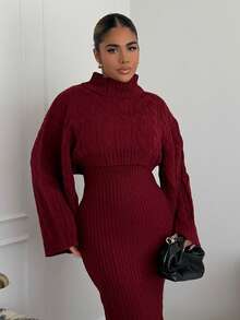 Maria Perezxox 2pcs Women's Casual Knitted Sweater Top And Long Skirt Set, Loose Fit Turtleneck Long Sleeve Crop Top And Skirt, Autumn/Winter - Red - View 6