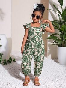 Young Girl Green Floral Print Casual Jumpsuit, Suitable For Daily Wear And Vacation,Kids - Green - View 3