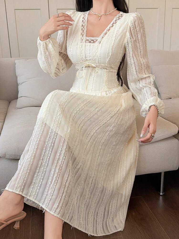 DAZY French Romantic V-Neck Waist Cinched Long Sleeve Dress, Slimming & Elegant - Apricot - View 1