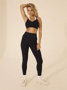 Aralina 罗纹无缝双层露背吊带上衣和打底裤套装 - 黑藍色 - 查看 5