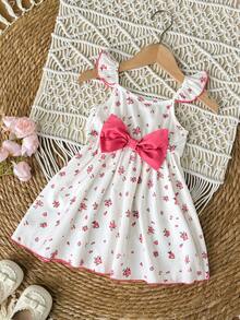 Babygirl Summer Cute Floral Print Cap Sleeve Bow Tie Dress - Pink - View 4