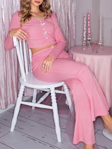SHEIN Cute Y2K Bow Decor Flare Pants Fitted Women Pajama Set,Pink,Autumn,Cute Modest,Sweet,Lounge Sleepwear 2 Piece Set Pink Pj Set For Women - Pink - View 6