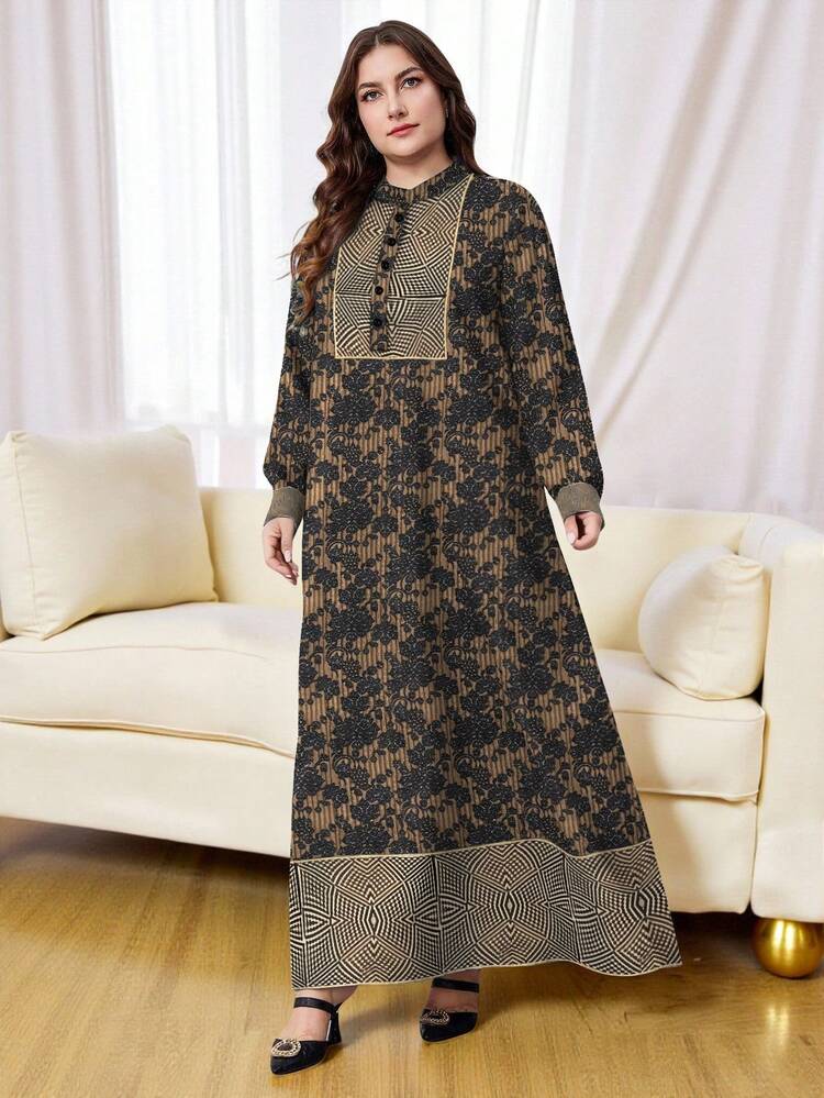SHEIN Najma Plus Size Floral Botanical Striped Geometric Print Color Block Maxi Dress, Fashion Button Stand Collar Long Sleeve Dress For Spring & Autumn, Dignified & Elegant Arabic Style - Multicolor - View 4