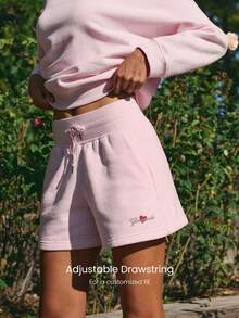 GLOWMODE Valentine's Day Everyday Fleece Cupid Called Warm Soft Lightweight Adjustable Drawstring Waist Slip Pockets Shorts Daily Casual Wear - Pink - View 3