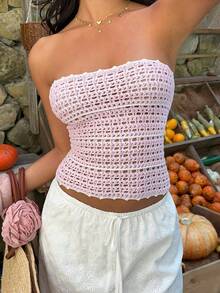 Sunnyshic Women's Strapless Vacation Striped Colorblock Sweater - Baby Pink - View 4