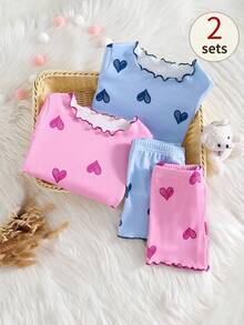 4pcs Baby Girls Cute Heart Pattern Short Sleeve Pajama Set With Frill Trim At Cuffs, Hem And Leg Openings - Multicolor - View 1