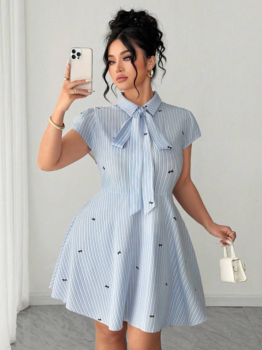 Elenzga Women's Casual Short Sleeve Collared Striped Button Shirt Dress With Flared Skirt - Multicolor - View 1