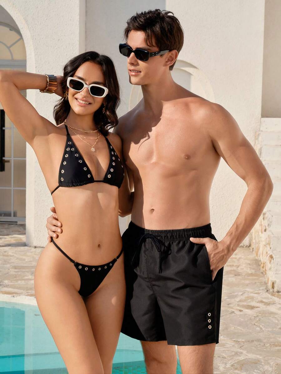 Manfinity VDAYZ Men's Solid Color Elastic Waist Drawstring Loose Casual Beach Shorts, Summer Couple Bathing Suit Set Matching Swim Set Him And Her Swimwear Couple Swimsuit Couple Boyfriend And Girlfriend Matching Swimsuits - Black - View 1