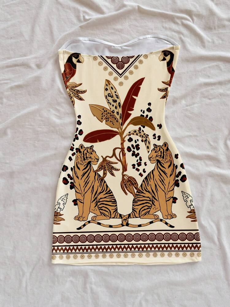 Soleia Vestido Curto Feminino com Estampa Retrô de Combinação de Papagaio, Tigre, Árvore de Coco e Geometria em Bottom Laranja, Estilo Casual de Férias, Adequado para Férias na Primavera/Verão - Multicolorido - Visão 2