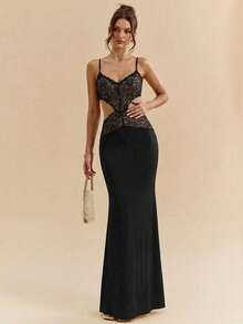 SHEIN BAE Women's Solid Black Lace Patchwork Dress, Elegant Dress, Vacation Dress, Beach Vacation Dress, Date Dress, Extra Long Dress, Black Dress - Black - View 1