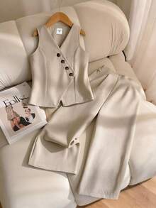 SHEIN 少女纯色单排扣背心、衬衫和裤子休闲套装 - 卡其色 - 查看 3