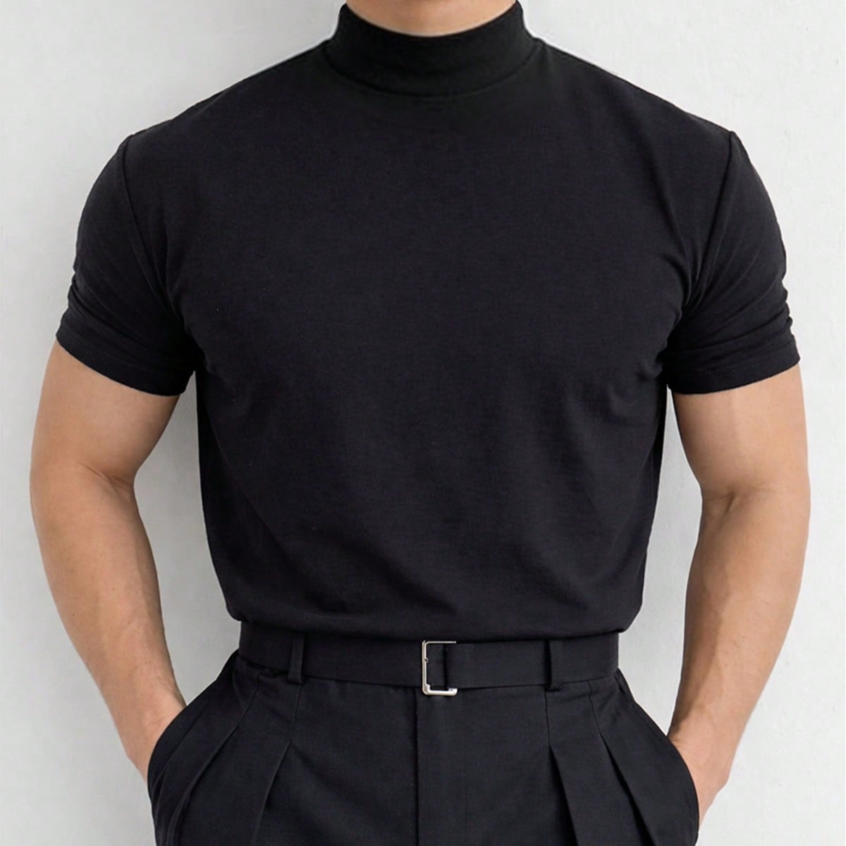 Camiseta casual versátil de manga corta y cuello alto de unicolor para hombres