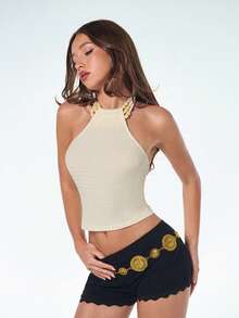 SHEIN ICON Women's Sexy Concert Club Going Out Coachella Vacation Casual Beaded Decor Backless Halter Top, Spring To Summer - Apricot - View 8