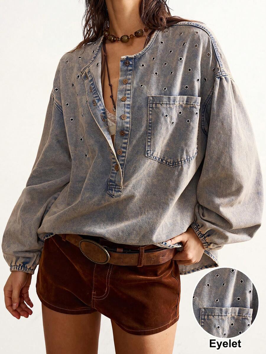 Bohemela 女士休闲时尚西部度假风半扣前襟拼接口袋落肩宽松牛仔衬衫，春秋季女士沙滩外出上衣休闲衬衫度假Y2K上衣 - 淺色水洗藍 - 查看 1