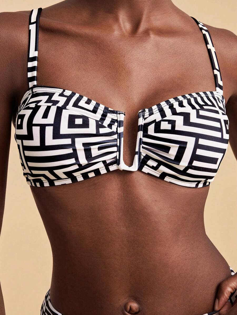 Travachic Women's Geometric Pattern Spaghetti Strap Sexy Swimsuit Set,Beach,Beach Outfits For Women,Beach Set,Going Out,Vacation,Vacation Outfits Women,Holiday,Summer,Summer Clothes,Summer Outfits For Women,Valentine's Day,Carnival,Carnival Costume,Party ,Going Out,Going Out Outfits,Casual,Elegant,Y2k,Flower,White ,Black - Multicolor - View 1