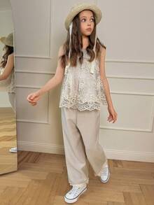 DAZY Tween Girls Sleeveless Lace Ruffle Blouse & Pants Set, Fall Outfit - Apricot - View 2