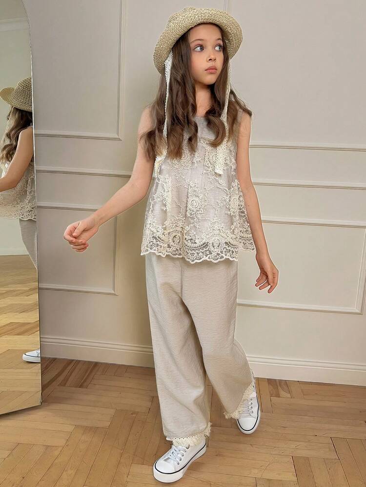 Tween Girls Sleeveless Lace Ruffle Blouse & Pants Set, Fall Outfit Summer
