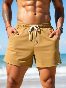 Manfinity KASUA Men's Solid Color Elastic Waist Drawstring Beach Shorts, Holiday - Camel - View 6