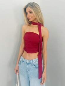 Sydney Algeri Y2K 风格豹纹短款褶皱红色抹胸女装 - 酒紅色 - 查看 4