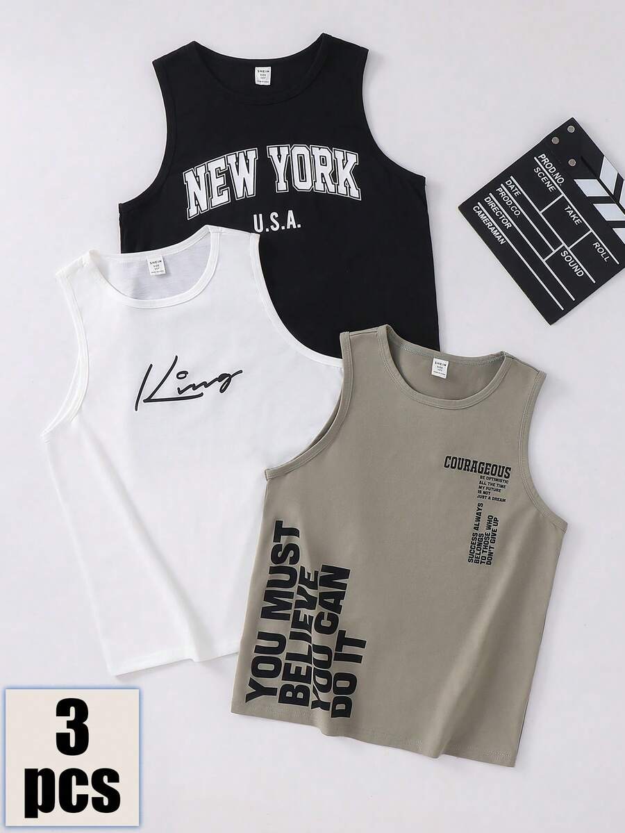 SHEIN 3pcs Tween Boys Casual Letter Print Tank Tops, Suitable For Outings, Outdoor, Holiday Parties, Summer Beach Vacations, Spring & Summer Wear