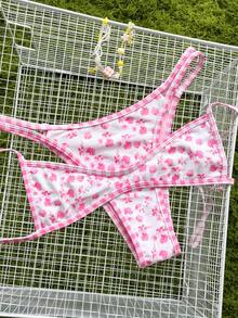 Swim Mod Nuevo conjunto de bikini reversible de dos piezas con estampado floral y a cuadros, Bottom tipo tanga con corte alto, parte superior con acolchado push-up y detalles en contraste, ideal para la playa, la piscina, fiestas de cumpleaños, San Valentín, vacaciones y tomar el sol. - Multicolor - Ver 2