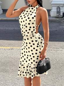 Slaydiva New Summer Style, Perfect For Birthday Parties, Back-To-School, Preppy, Student Wear, Everyday Outings, Basic And Versatile, Casual, Vacation, Cruise Travel, Beach, Seaside, Sunbathing, Online Style, Streetwear, Millennial Y2K Sexy Girl, Halter Neck Sleeveless Backless Ruffle Midi Knee-Length Black And White Polka Dot Dress Polka Dot Dress Women Summer Elegant Dress - Black and White - View 4