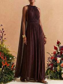 Zivah 2026 春季新款音乐节、复活节、西部风、游牧风、生日派对、日常休闲百搭斗篷连衣裙，采用弹力针织面料、弹力腰带、亮面雪纺、露背荷叶边下摆和褶皱面料，深棕色长款连衣裙 - 咖啡棕 - 查看 4